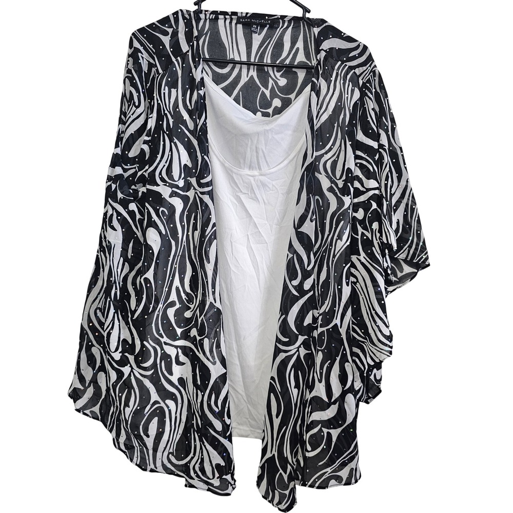 Sara Michelle Womens 2X Two Piece Set Black White Abstract Sequin Cardigan Tank‎